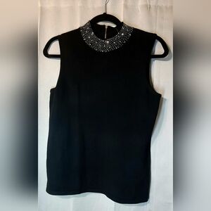 NWT Elegant Black Sleeveless Top with Half Turtle Neck Blingy Embellished M